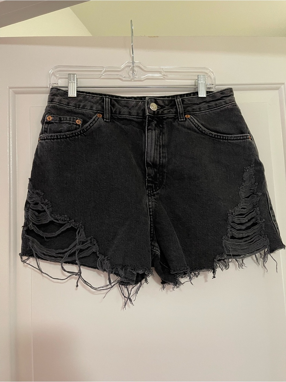 Topshop Black Distressed High-Rise Denim Shorts - Size 8
